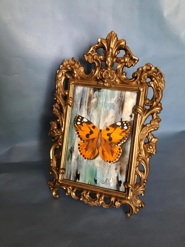 Butterfly Painting Framed Antique Metal Frame Shabby Chic Painting