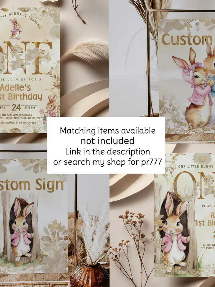 Editable Digital Invitation template for the 1st Baby Birthday party in Peter Rabbit style instant download and unlimited access pr777
