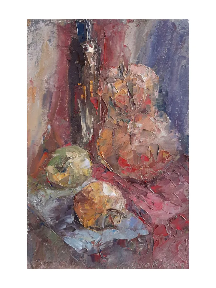 Pumpkin Apple Painting 9,1x5,9" ORIGINAL ART Still Life with Fruits Kitchen Artwork Signed by artist Marina Chuchko