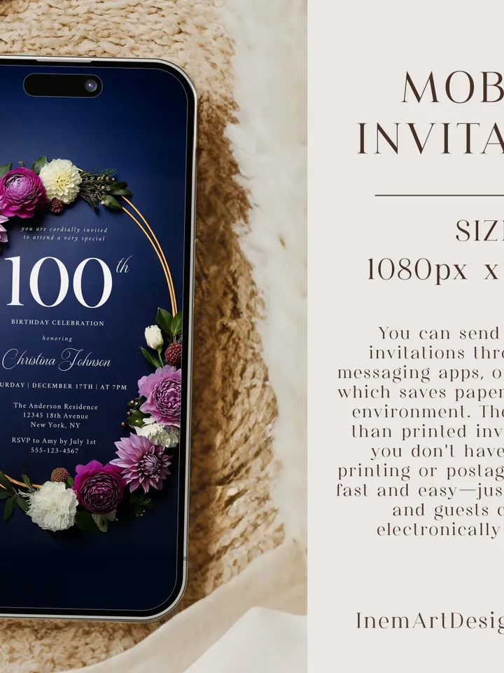 100th Birthday Party Invitation Canva Template for Mother Grandma, Moody Purple Flowers Navy & Gold, 100 Years Loved, Digital Invite