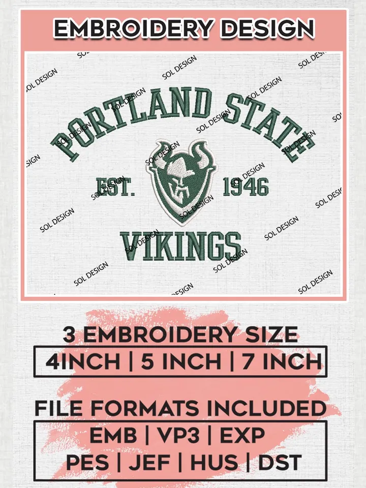 Portland State Vikings Est 1946 Logo Embroidery Designs, NCAA Portland State Vikings Team Embroidery, NCAA Team Logo, 3 sizes, Machine embroidery Files, Digital Download