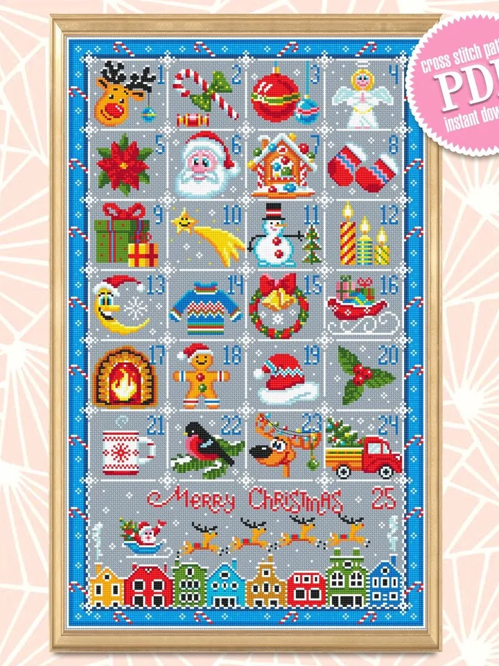 Christmas advent calendar cross stitch pattern PDF download Merry Christmas cross stitch chart, Christmas pattern digital PDF #N46