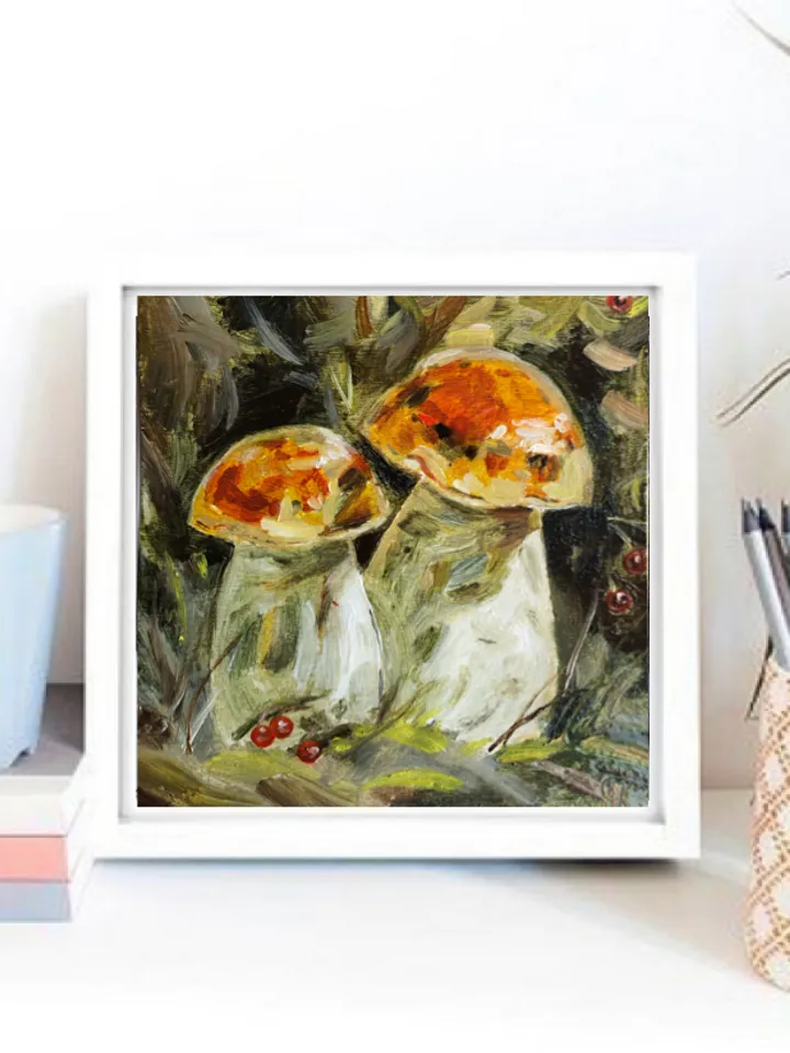 Mushrooms modern original oil painting wall art painting 6 x 6 inches