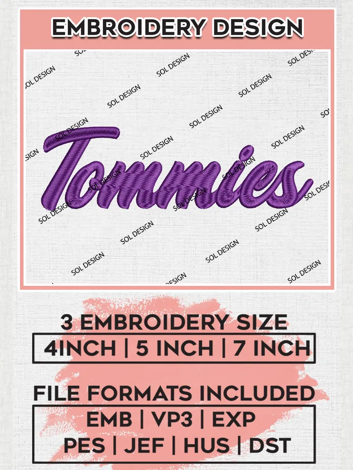 NCAA Tommies Team Word Logo Embroidery Design Files, NCAA St Thomas Minnesota Tommies Machine Embroidery, NCAA Teams, Game Day, 3 sizes, NCAA Machine embroidery designs, Digital Download
