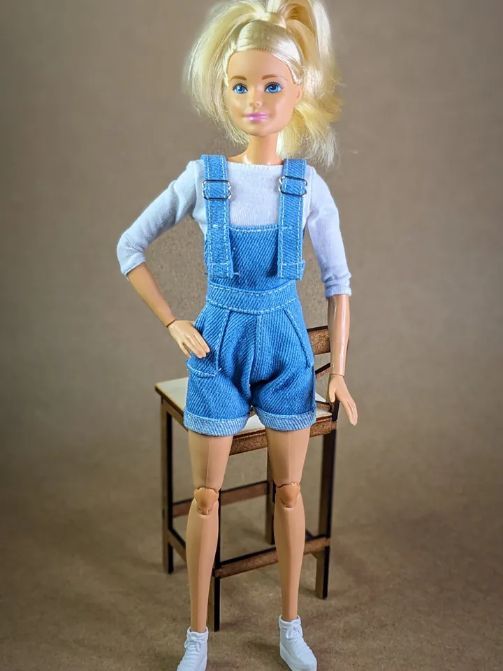 Light blue denim jumpsuit shorts for 1/6 scale fashion female dolls