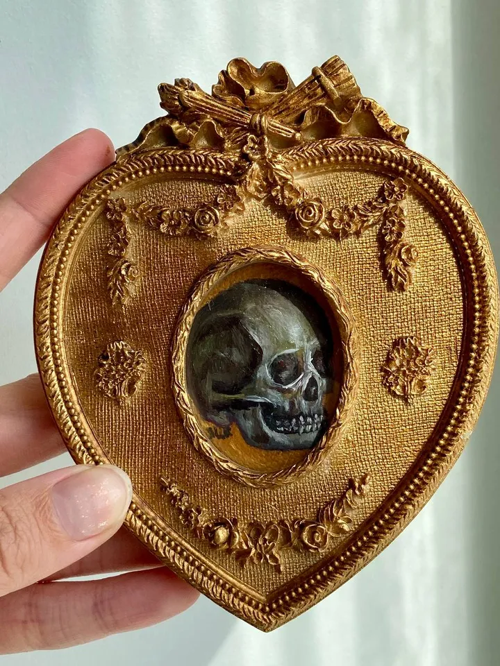 Tiny Skull Oil Painting Original In Vintage Style Frame Small Framed Still Life Art