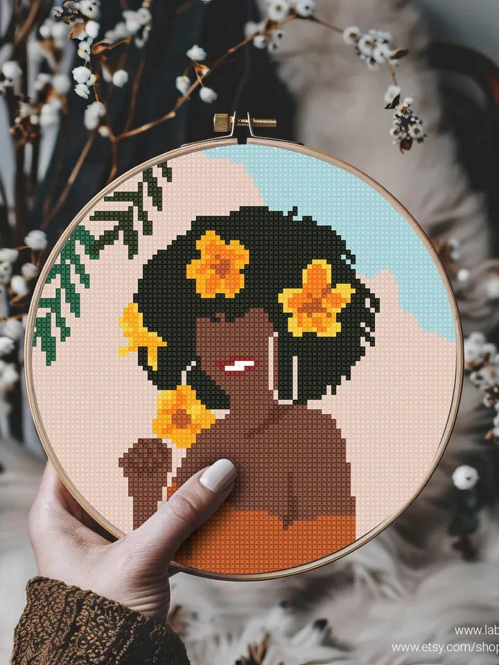 Woman Boho Style cross stitch pattern, Floral, nature, girl, home decor, counted, chart, gift DIY, embroidery, beginner, instant PDF