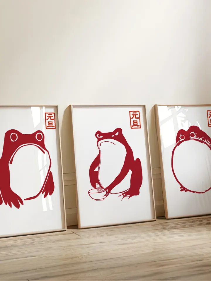 Japanese Matsumoto Hoji Frog Set of 3, Vintage Frog Woodblock Poster, Ukiyo-e Frog Print, Japanese Frog Printable Wall Art, Digital Download