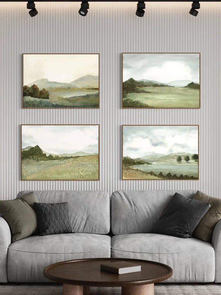 Landscape Painting Set Of 4 Watercolor Art Prints, Neutral Mountain, Wall Art Set, Home Office Poster, Over Bed Wall Decor,Vintage Print Set