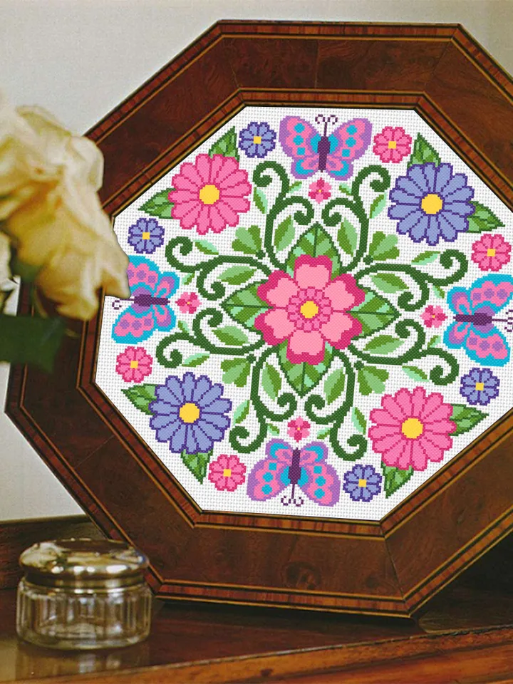 Floral mandala cross stitch pattern PDF download Mandala butterfly cross stitch chart, Summer mandala ornament for hand embroidery PDF #M149