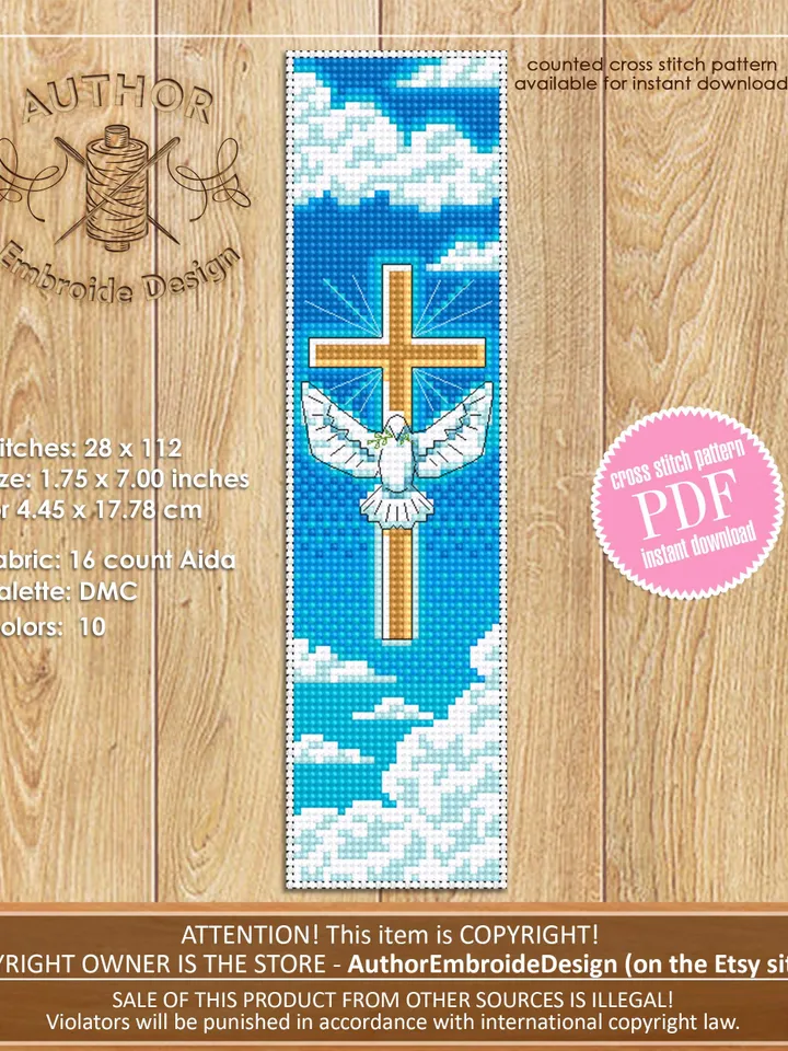 Christian bookmark cross stitch pattern PDF download Holy cross and white dove cross stitch chart, Bible bookmark pattern digital PDF #B443