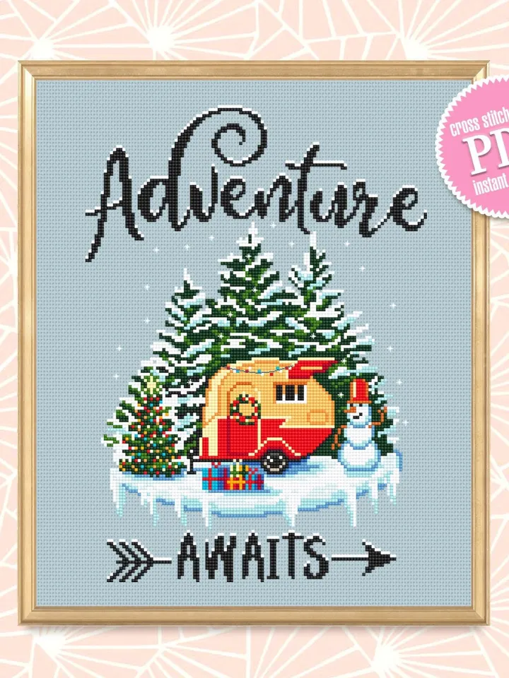Adventure awaits cross stitch pattern download PDF Winter camping cross stitch Nature landscape embroidery PDF DIY Christmas decor #L14