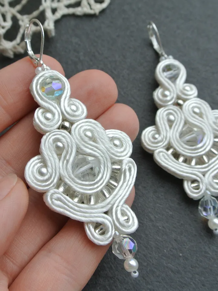White earrings, bridal earrings, soutache embroidered earrings, beaded earrings