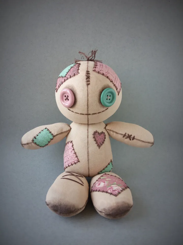 Handmade Doll With Button Eyes - Pink & Green
