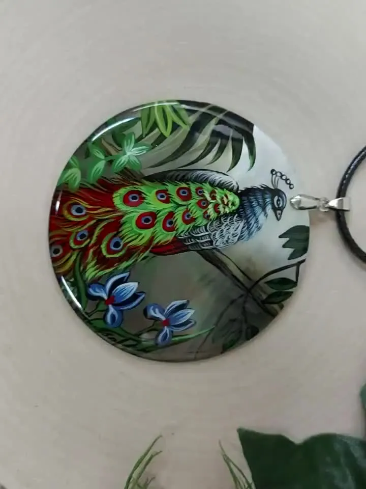 Beautiful Peacock shell pendant. Hand-painted, Mother-of-pearl jewelry, Russian lacquer.Wedding gift.Jewelry made of shells. New Year's gift