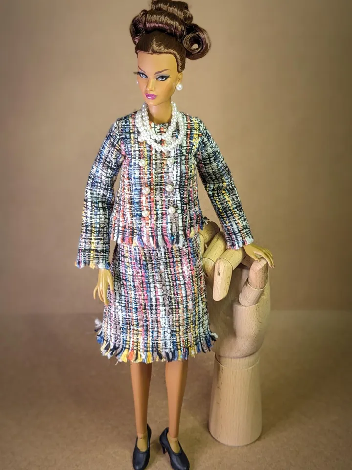 Handmade checked black & blue suit with pearl clasps for 16-inch Fashion Royalty dolls (FR16)