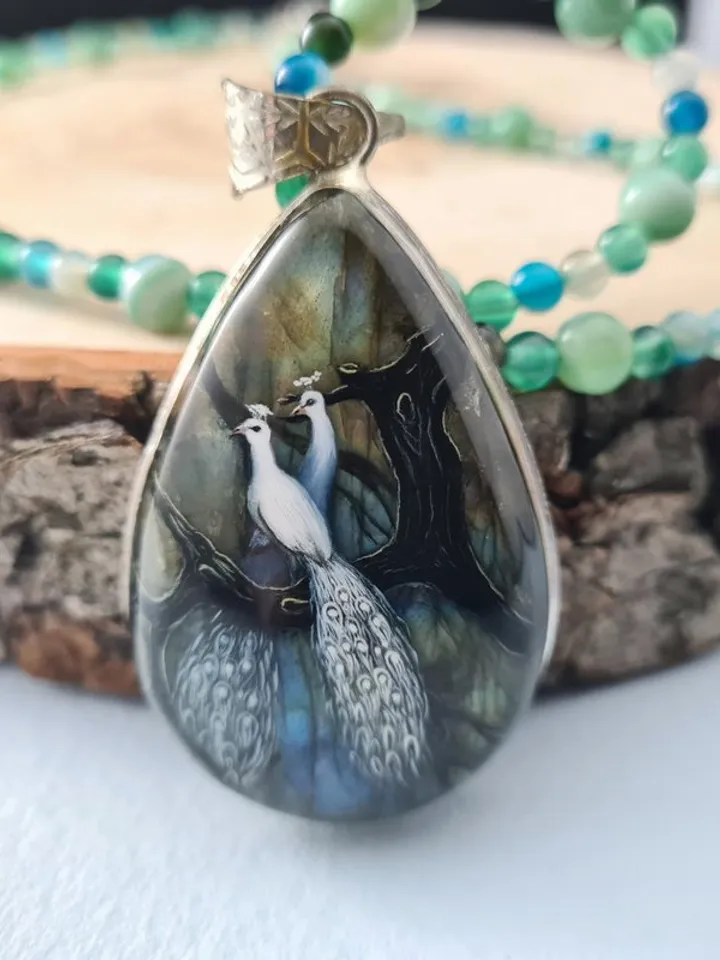White peacock on labradorite gemstone pendant Miniature painting Necklace