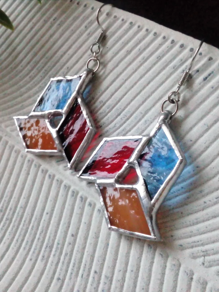 Origami stained glass earrrings - geometric handmade tiffany earrrings