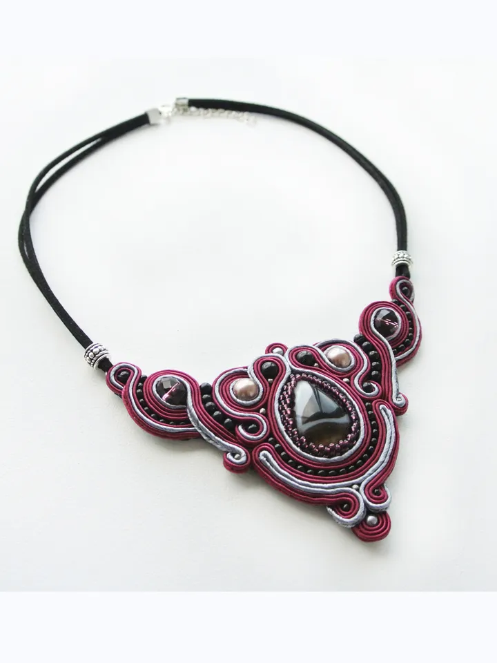 Burgundy necklace with Agate stone, Soutache Embroidered statement necklace
