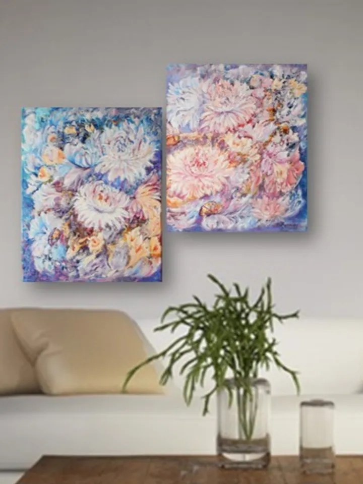 Floral abstract oil painting on canvas, Dipthych