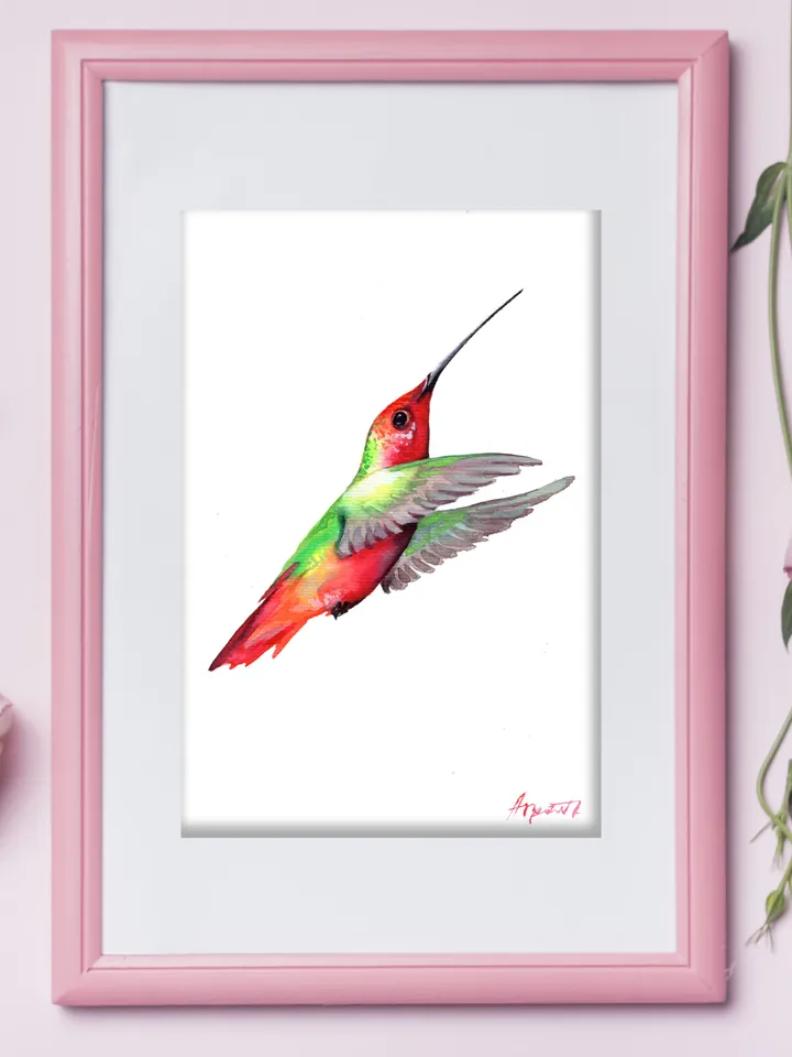 Hummingbird original watercolor, birds painting, wall room decor, 7x10 in art for bird lovers by Anne Gorywine