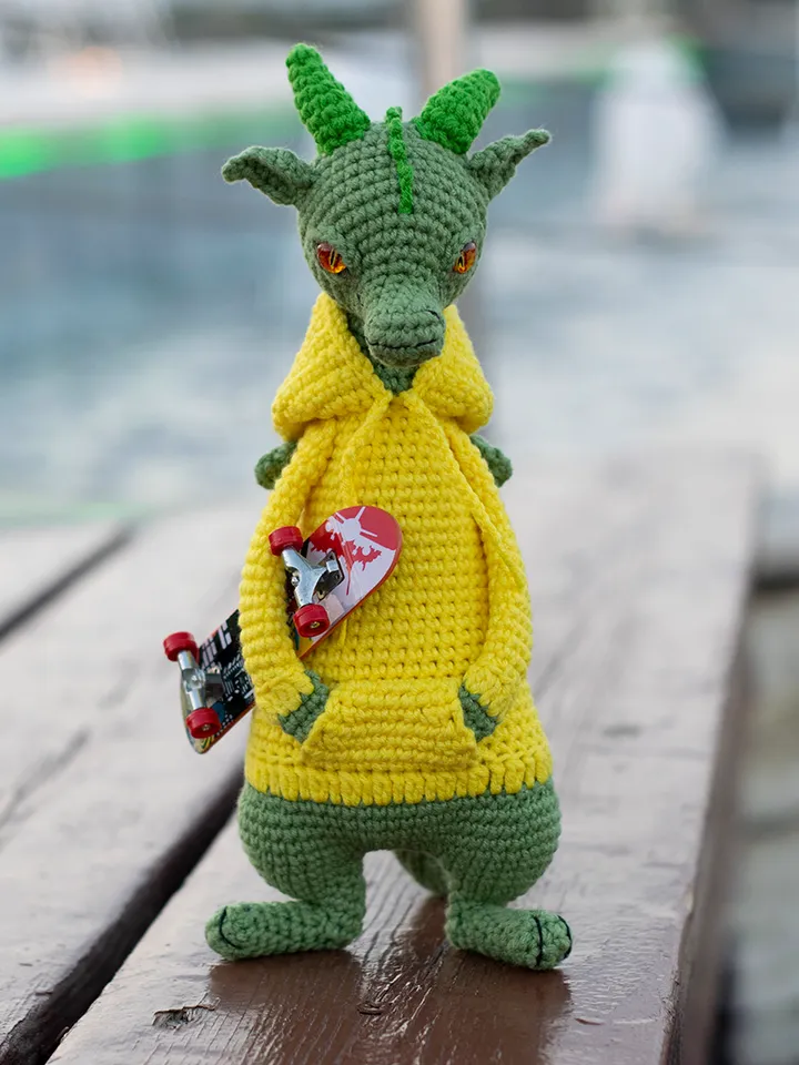 Crochet green dragon in hoodie gift idea for all lover dragons, handmade art doll, exclusive stuffed toys for adults