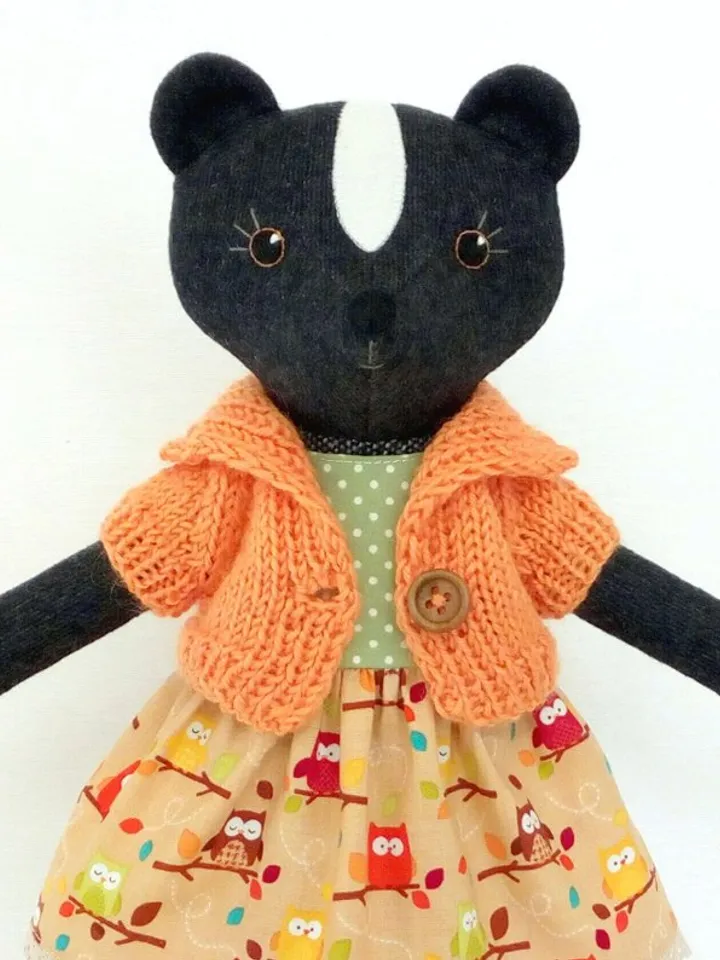 Black skunk girl, stuffed wool plush toy, handmade skunk fabric doll