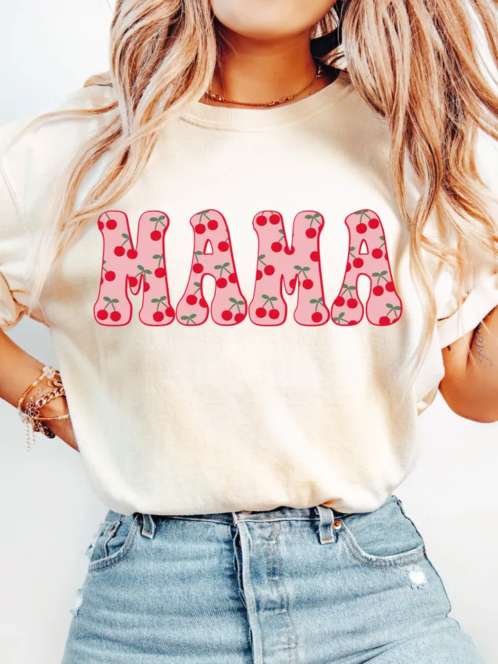 Trendy Retro Mama PNG Cherry Berry First Summer Varsity Popular Aesthetic Trendy Mom Cherry Sweet Shirt Design Sublimation DTG PNG