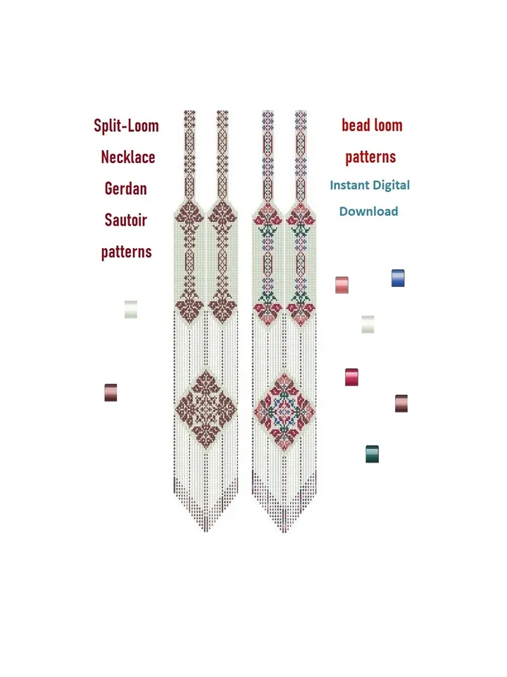 Beading loom patterns, Sautoir-Gerdan-Split-Loom Beaded Necklace, Beading Loom Stitch, Square Stitch, Instant Download, PDF