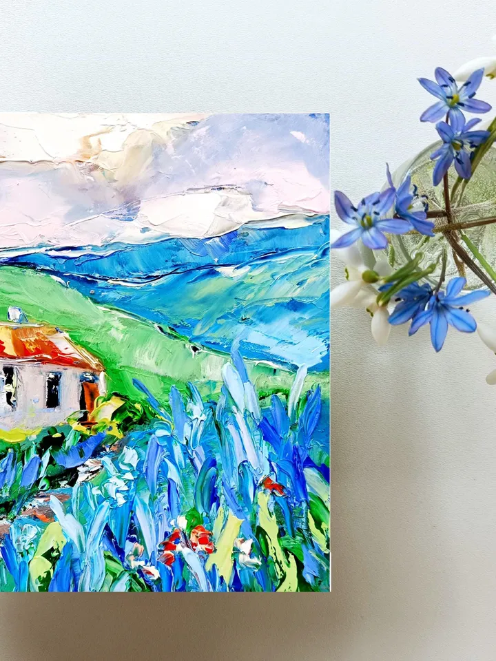 Texas Bluebonnets Painting Original Art National Park Painting Landscape Impasto Oil Painting Green Blue Art Impressionist by ArtProkopaloSv