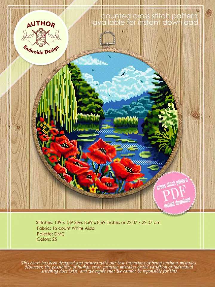 Nature landscape cross stitch pattern download PDF Flowers cross stitch poppies Modern landscape embroidery PDF Nature lover gift #L4