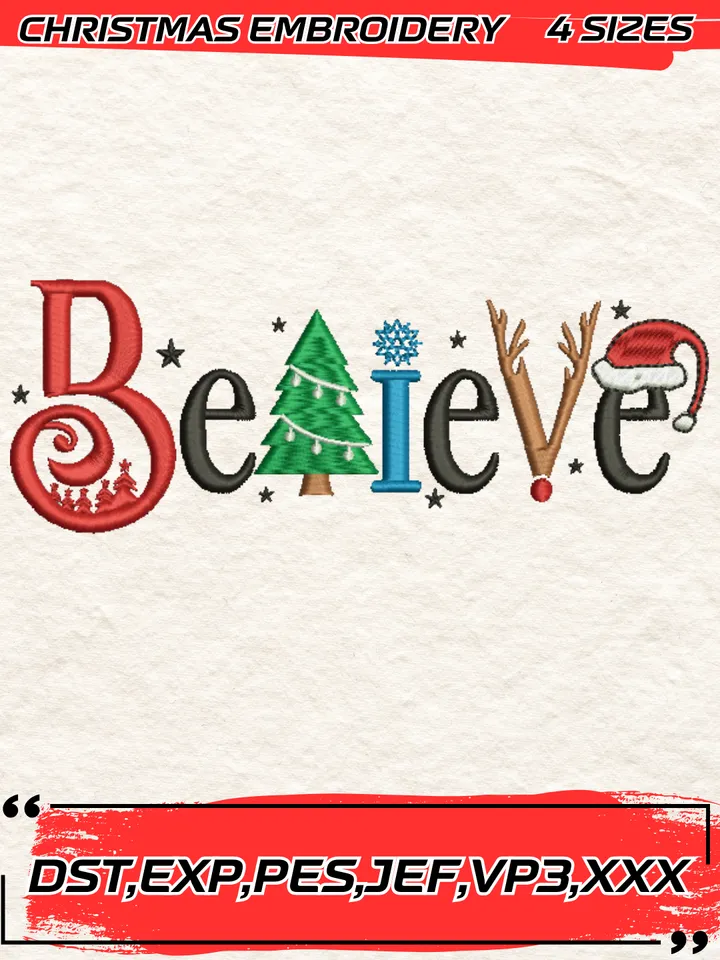 Christmas Believe Embroidery Design,Christmas Embroidery Design,4 Sizes, Digital Download