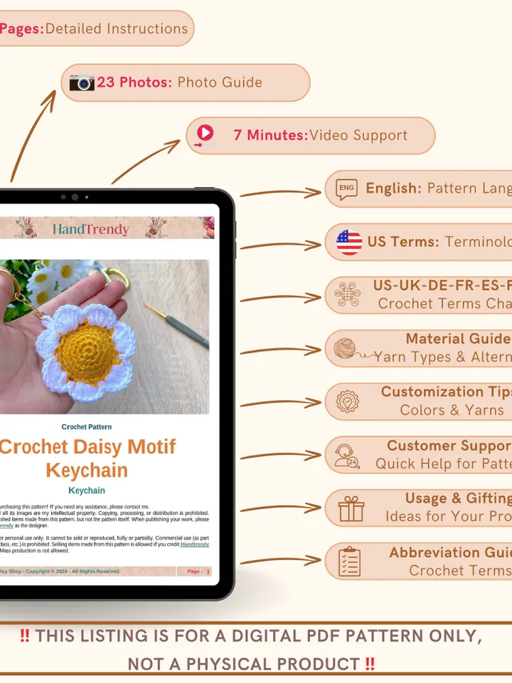 Crochet Daisy Keychain Pattern, Easy PDF Tutorial for Beginners, Create a Flower Key Holder Gift for Friends & Family