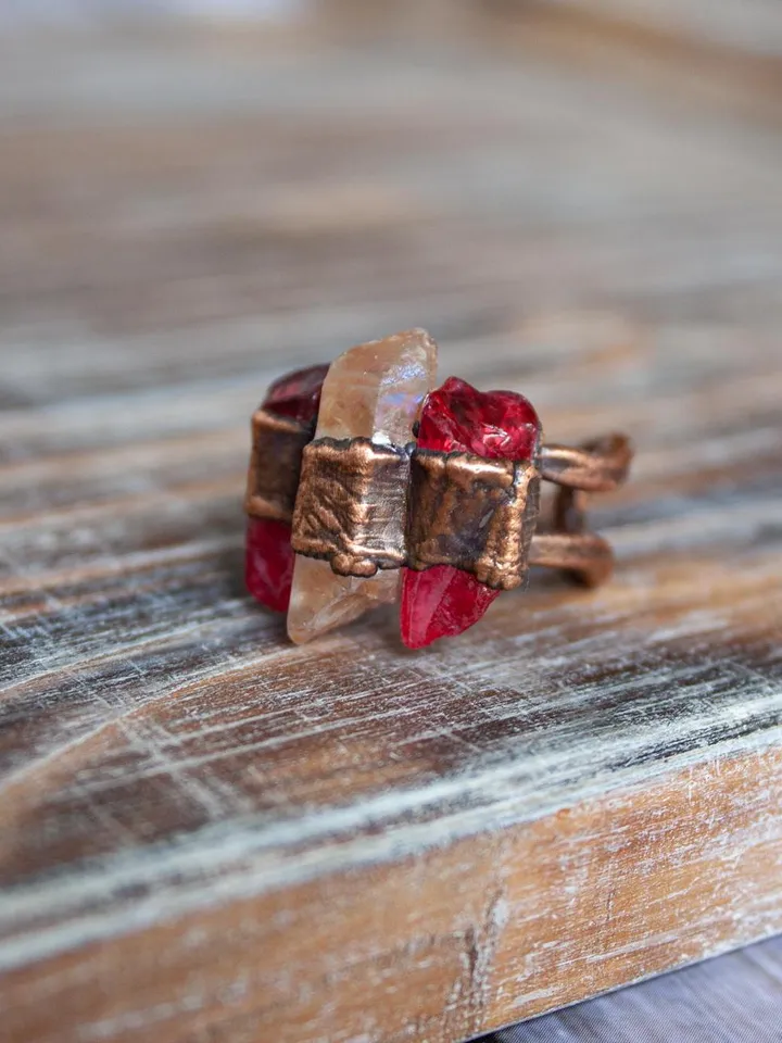 Unique handmade quartz ring in a copper frame made using the electroforming process