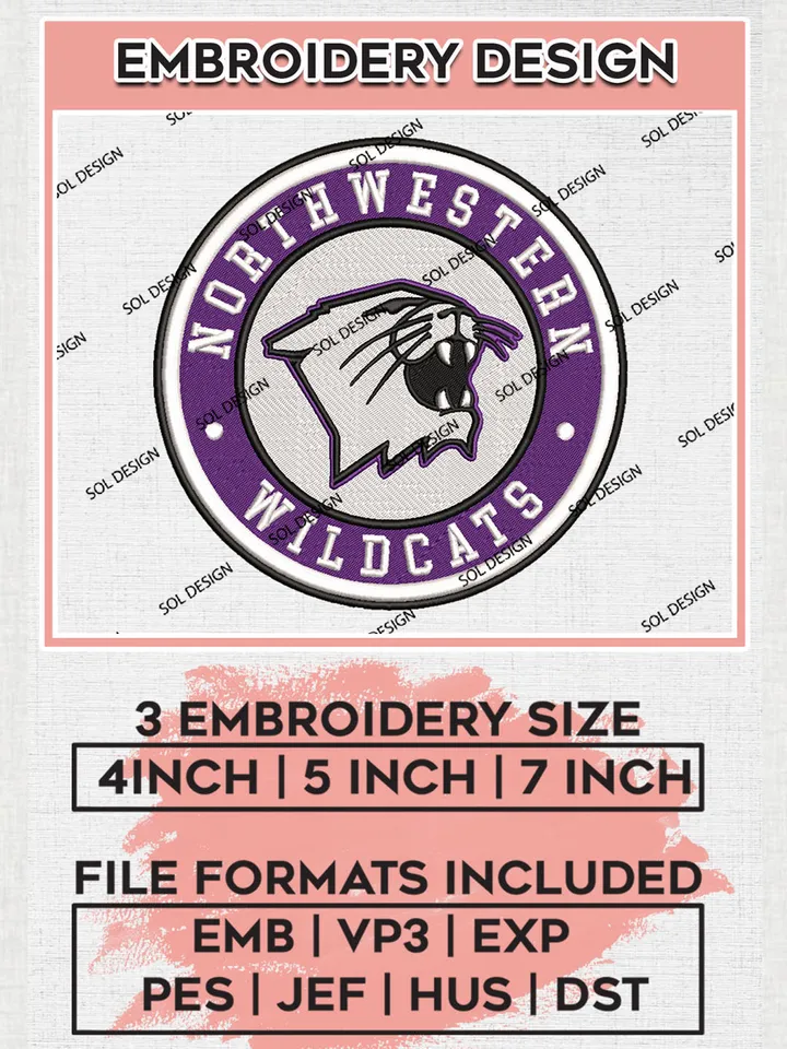 NCAA Northwestern Wildcats Round Logo Embroidery, NCAA Northwestern Wildcats Logo Embroidery files, NCAA Teams, Machine embroidery designs, Digital Download