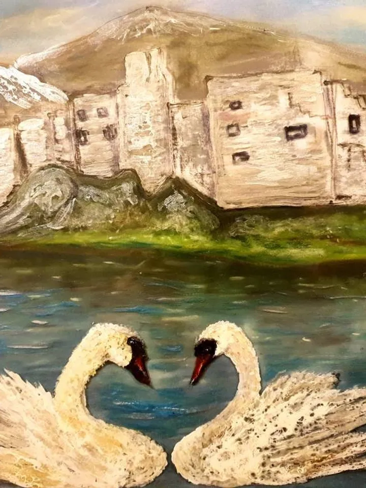 Swans on the lake,stained glass art,mix media art,painting on glass pastel painting,one of a kind.