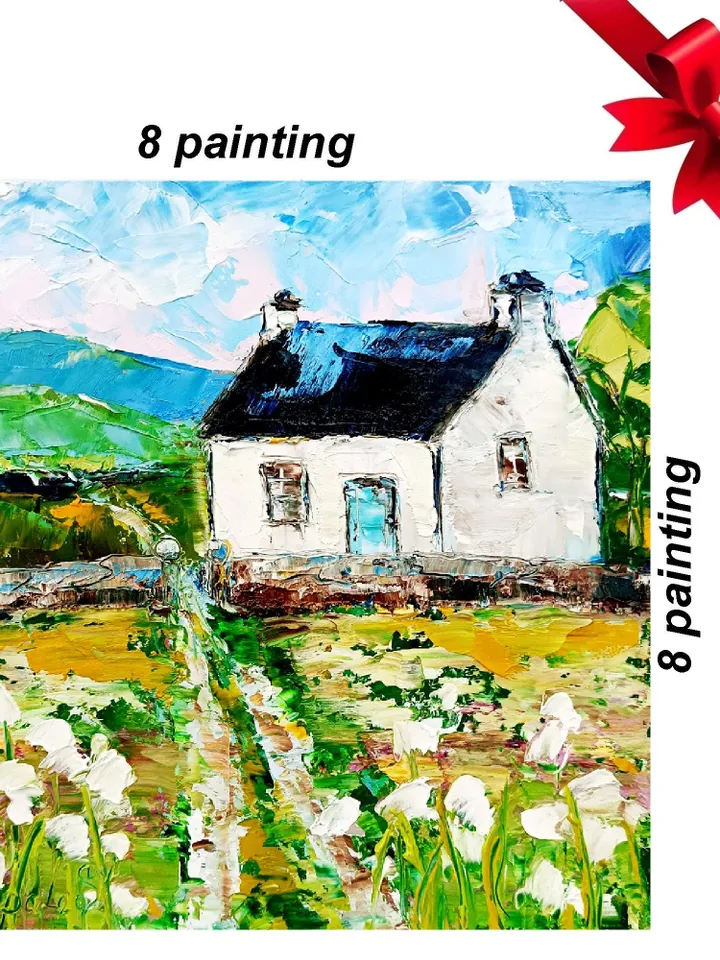 Ireland Painting White Cottage Original Art Abstract Landscape Impasto Oil Painting Small Gifts Cheap Original Art Gifts by ArtProkopaloSv