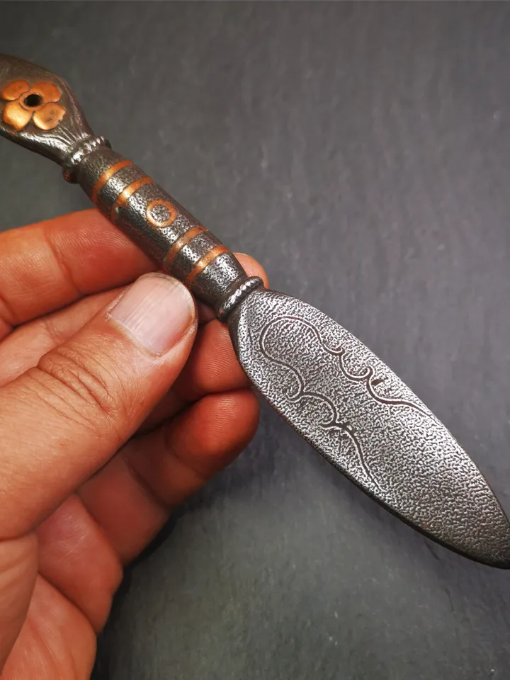 Gandhanra Handmade Tibetan Buddhist Ritual Implement - Kila -Dorje Phurba,Made of Cold Iron inlaid with Copper,5.5"