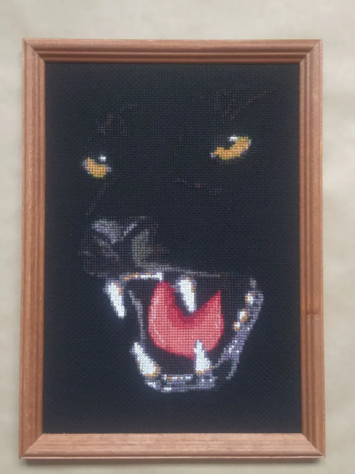 Panther Portrait Wall Art Decor, Finished Cross Stitch, Wild cat Embroidery Art Print, Black Wall Art, Original Gifts