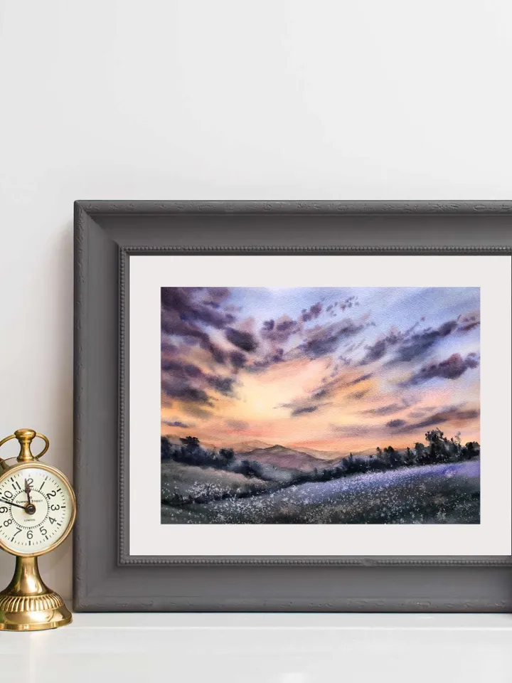 Sunset Watercolor Painting Landscape Set of 4 Prints Sunset Postcards