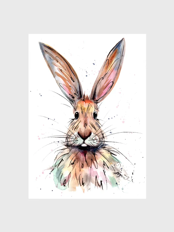 Original watercolor hare, animal painting, room decor, animals lover gift, 8x11 in bunny art with splashes and streaks of watercolor by Anne Gorywine