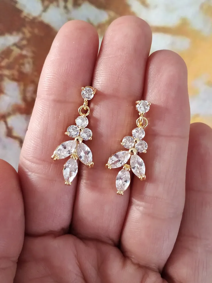Bridal Necklace Set, Gold Diamond Wedding Earrings, CZ Bridal Earrings, Vintage Style Rose Gold Bridal Jewelry, Art Deco Bridal Earrings,