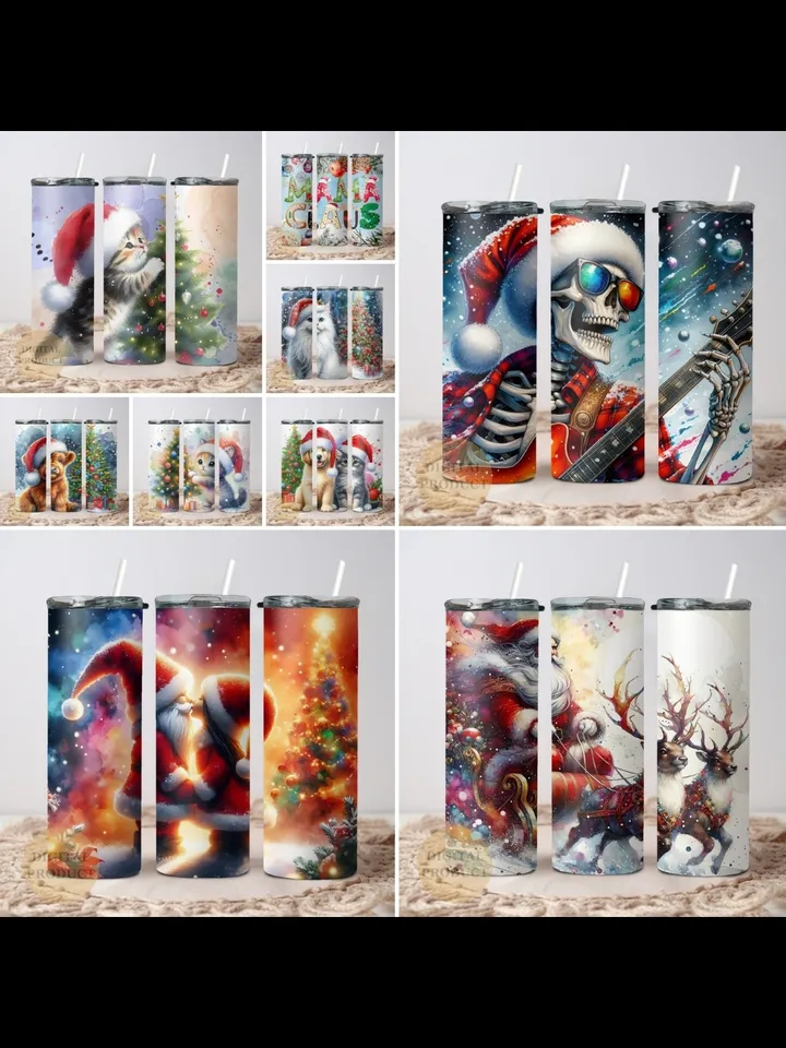 10 Christmas 20 Oz Tumbler Wrap png Bundle, Christmas Sublimation Designs for Tumblers, Santa with Sleigh, Christmas Gnomes with Santa Cat