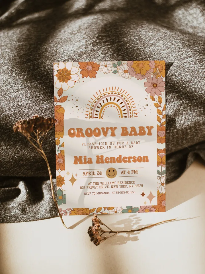 Groovy Baby Shower Invitation; Neutral Boho Groovy Baby Shower Template; Retro 70 80 Baby Shower Invite; Daisy Hippie Bohemian Cutie Retro