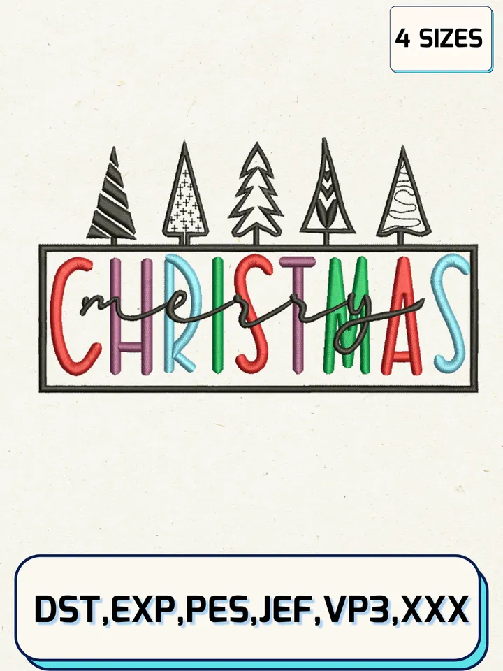 Merry Christmas Embroidery Design Files,Christmas Embroidery Designs,Machine Embroidery Files,4 Sizes