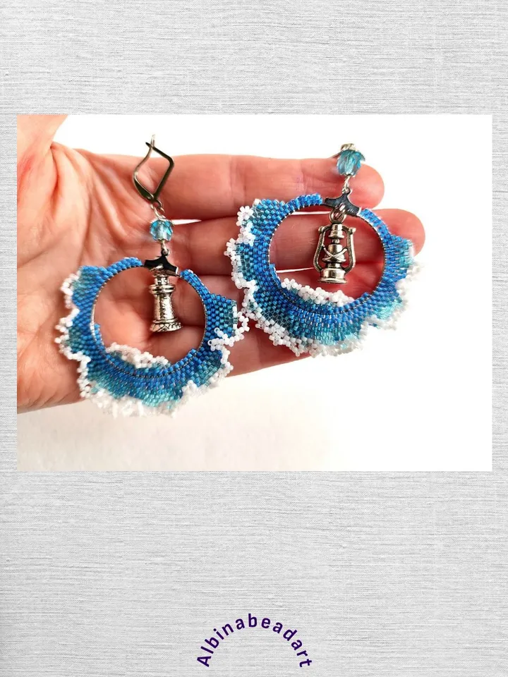 Blue beaded earrings with lighthouse waves kerosene lamp