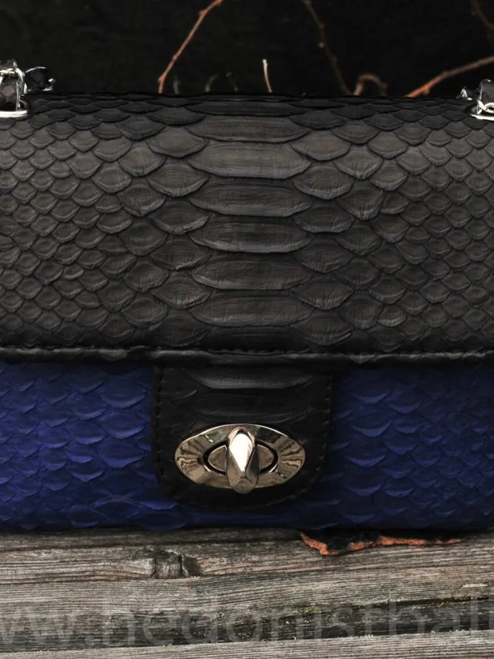 Genuine Python Skin crossbody black and blue bag | Adjustable Chain Classy Elegant Crossbody Small Lady Classy Bag | Python ColorblockPurse
