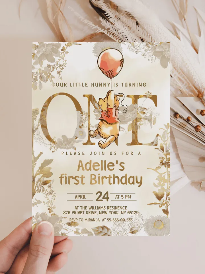 Winnie the Pooh Inspired First Birthday; Classic Winnie Pooh Invitations; Neutral Winnie Pooh Turning One; Winnie Pooh Birthday Party poom88