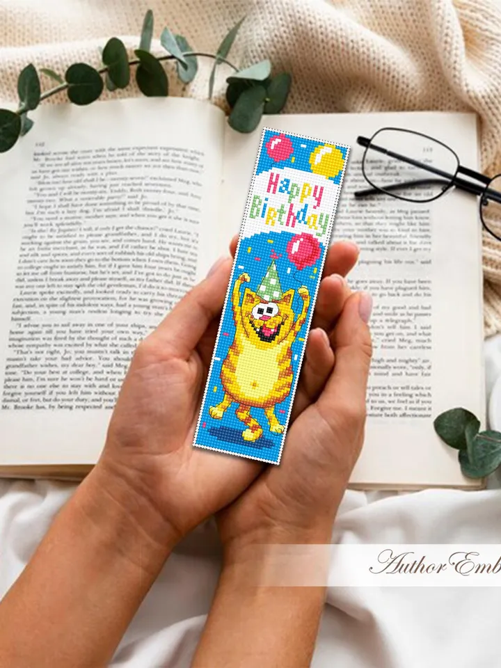 Birthday bookmark cross stitch pattern PDF download Funny cat cross stitch chart, Cat bookmark pattern digital PDF, Happy birthday #B458