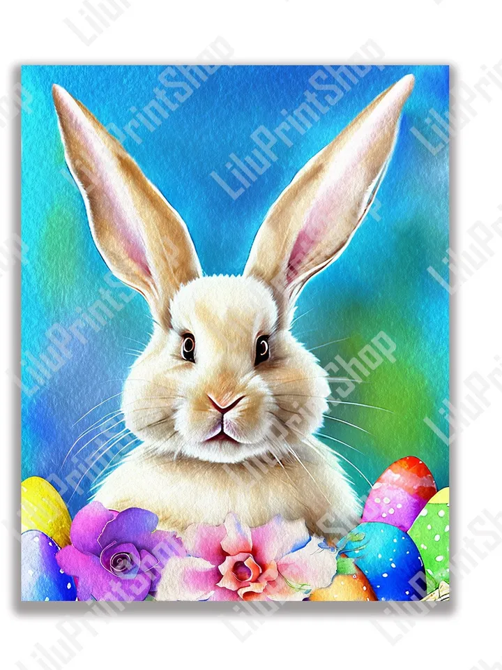 Spring Bunny print Bunny Printable art Bunny with Easter eggs & flowers Digital Easter rabbit wall art Poster instant download